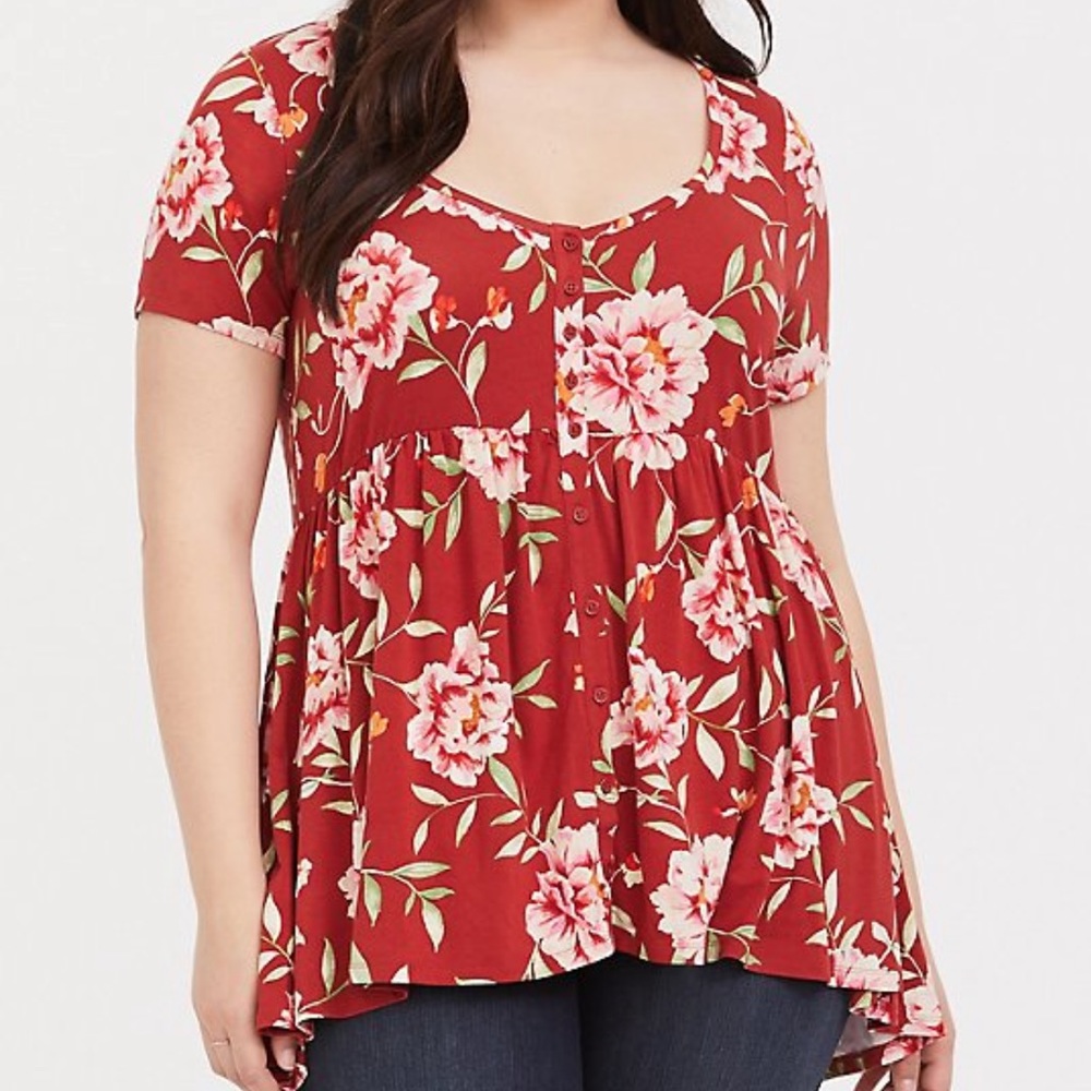 Torrid Floral Print Button Front Babydoll Top